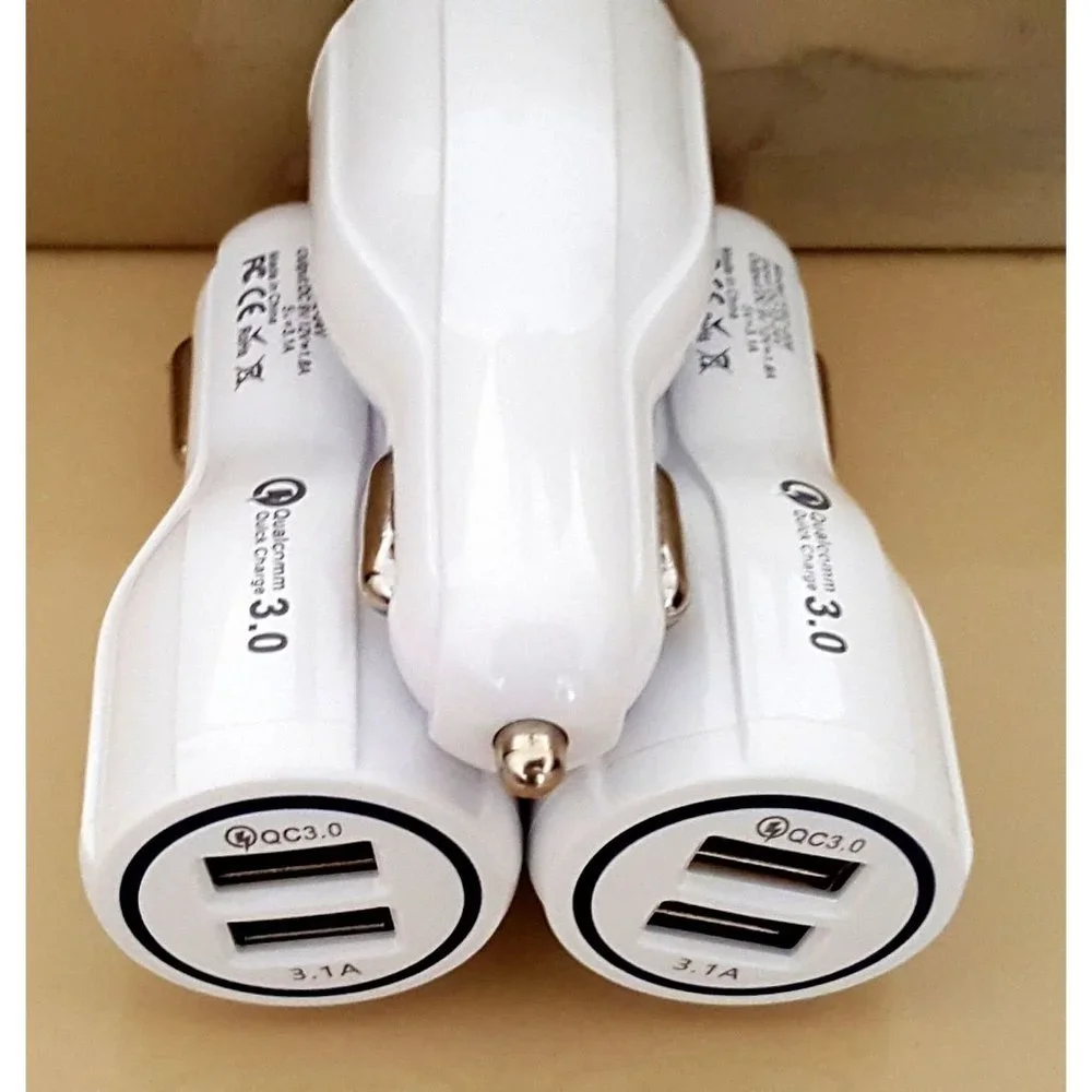 3pack White Dual Port Car Phone Charger Universal USB A Charging Adapter